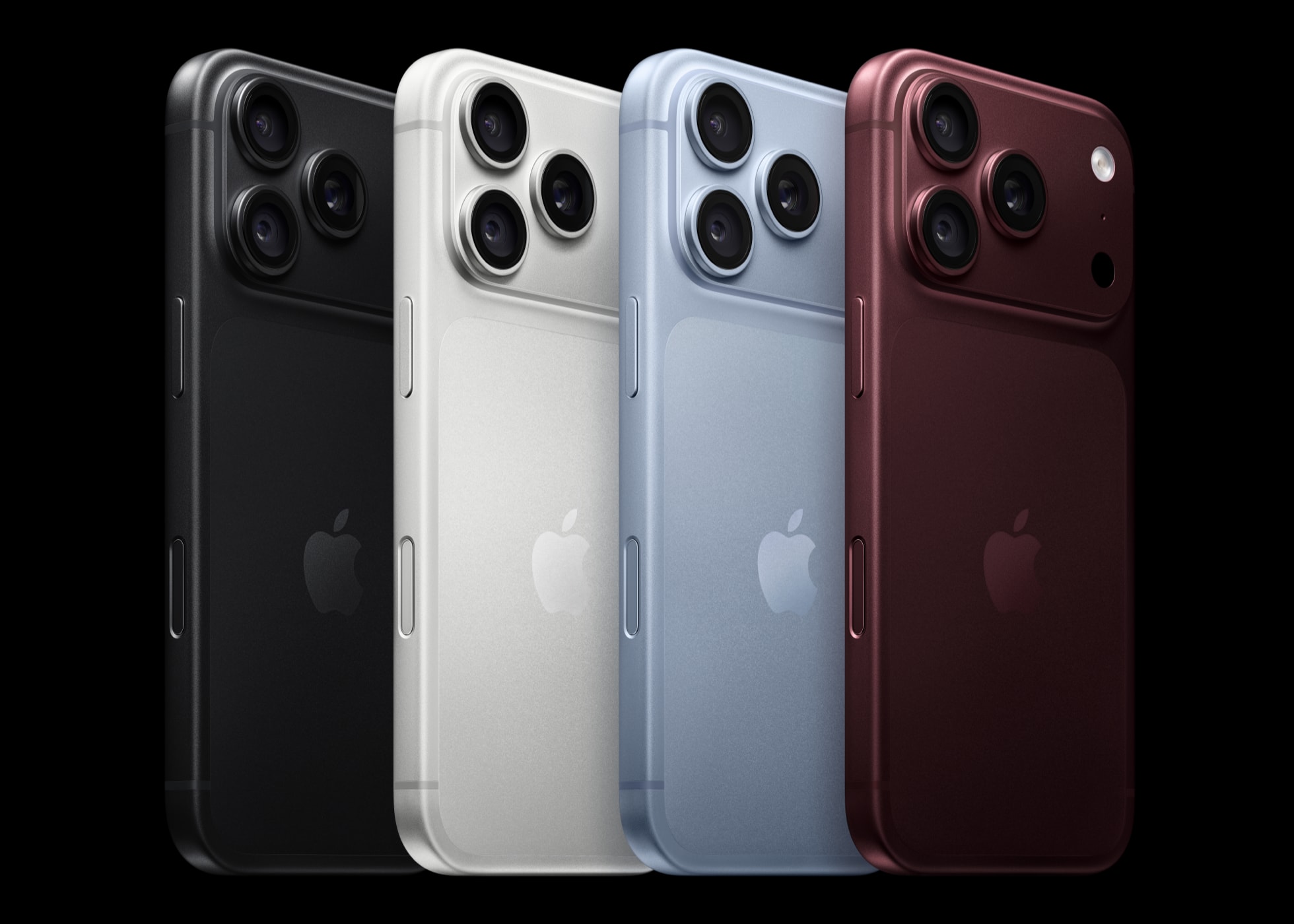 Siyah, gümüş, buzul ve burgonya renklerinde dört iPhone 18 Pro modelinin arka yüzleri.